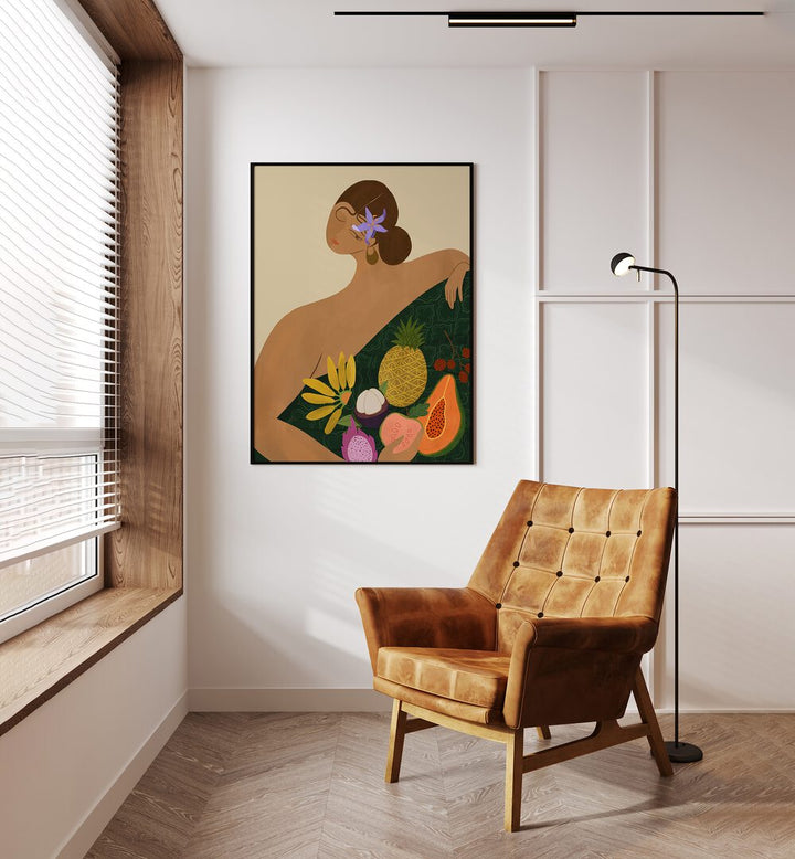 Fruit Seller By Arty Guava Wall Art Prints in Black Plain Frame placed on a Cream Colored Wall in the Drawing Room