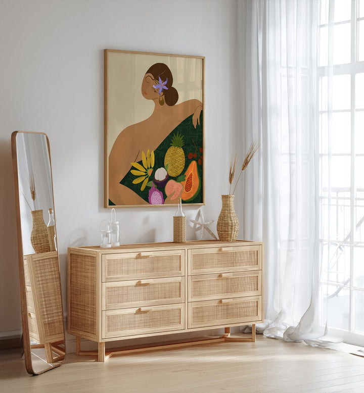 Fruit Seller By Arty Guava Wall Art Prints in Oak Wood Plain Frame placed on a White Colored Wall above a Console Table in the Drawing Room 