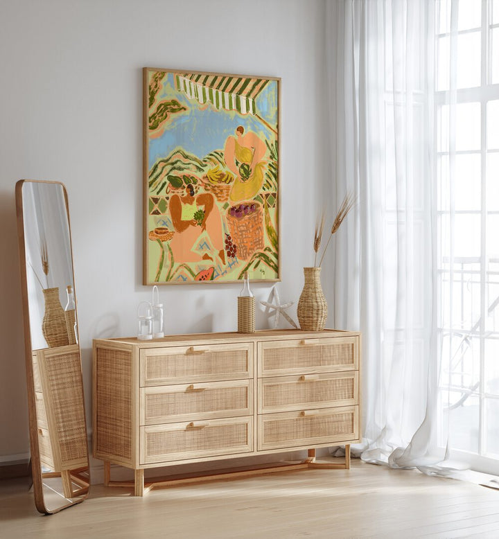 Fruit Stand By Arty Guava Wall Art Prints in Oak Wood Plain Frame placed on a White Colored Wall above a Console Table in the Drawing Room 