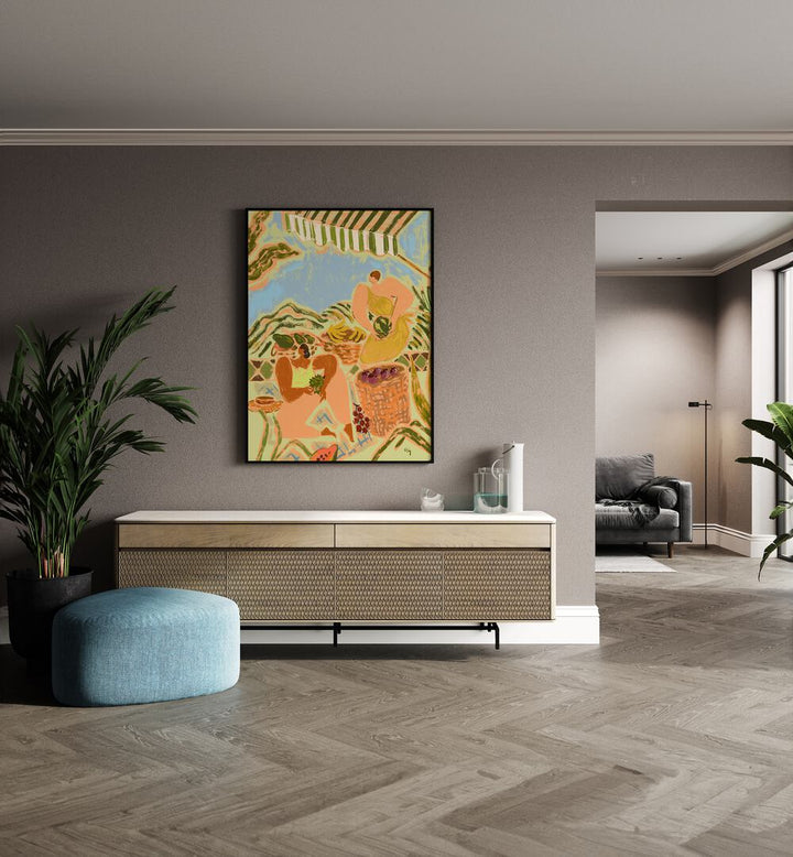 Fruit Stand By Arty Guava Wall Art Prints in Black Plain Frame placed on a Beige Colored Wall above a Console Table in the Drawing Room