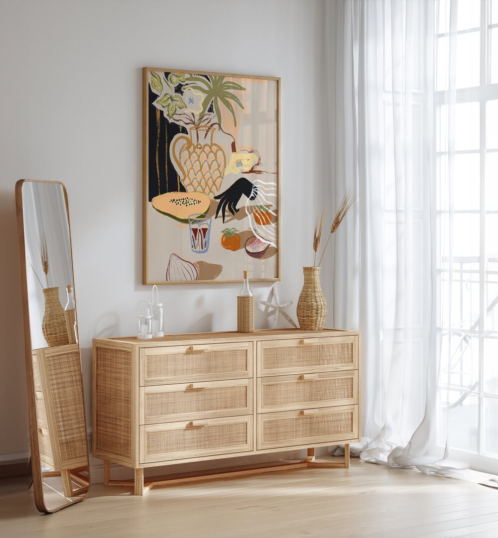 Fruitful Spread By Arty Guava Wall Art Prints in Oak Wood Plain Frame placed on a White Colored Wall above a Console Table in the Drawing Room 