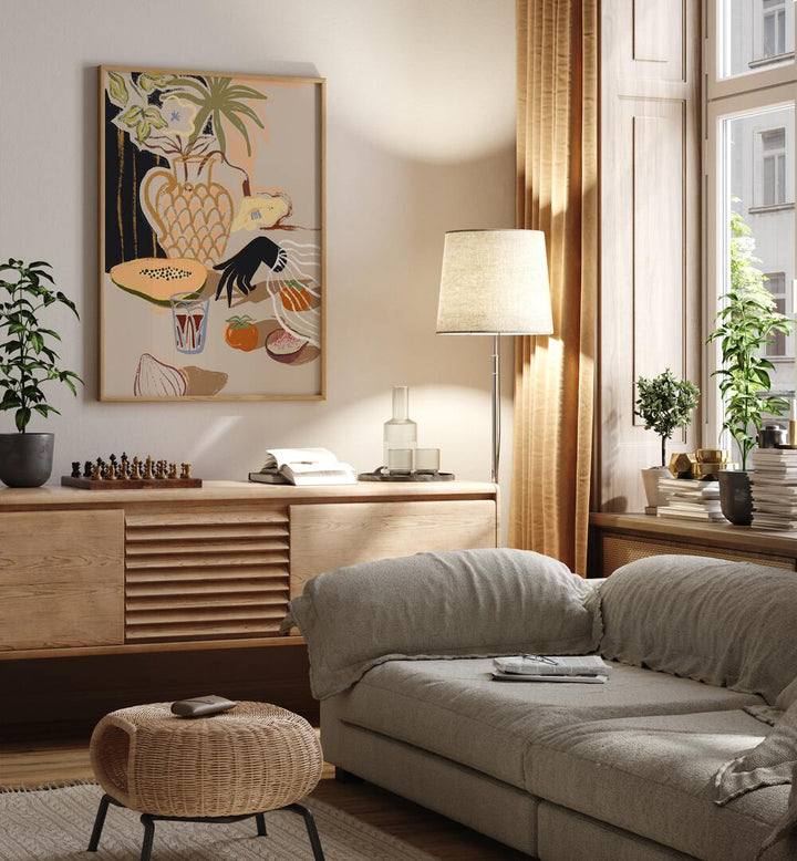 Fruitful Spread By Arty Guava Wall Art Prints in Oak Wood Plain Frame placed on a Cream Colored Wall above a Console Table near a Grey Sofa  in the Living Room