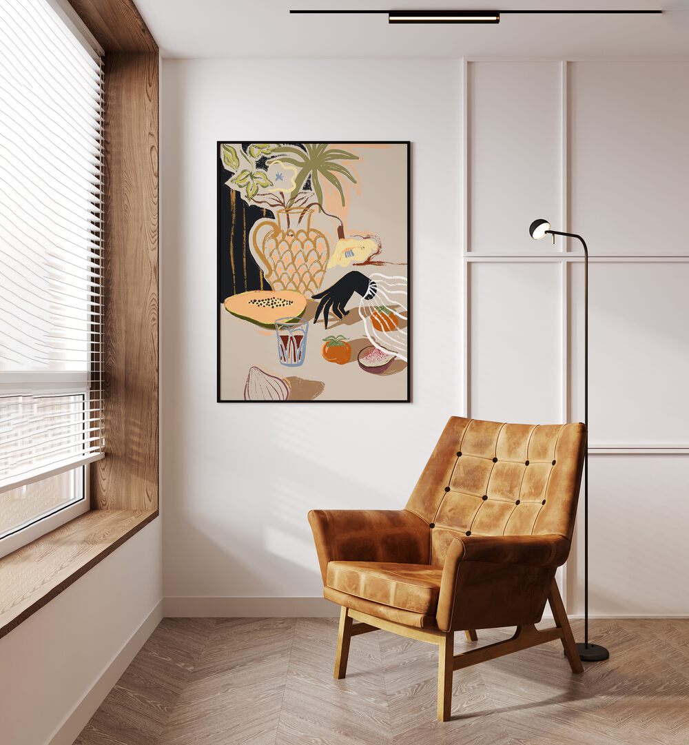 Fruitful Spread By Arty Guava Wall Art Prints in Black Plain Frame placed on a Cream Colored Wall in the Drawing Room