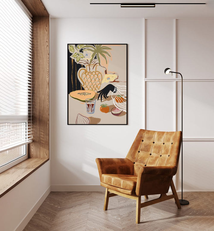 Fruitful Spread By Arty Guava Wall Art Prints in Black Plain Frame placed on a Cream Colored Wall in the Drawing Room