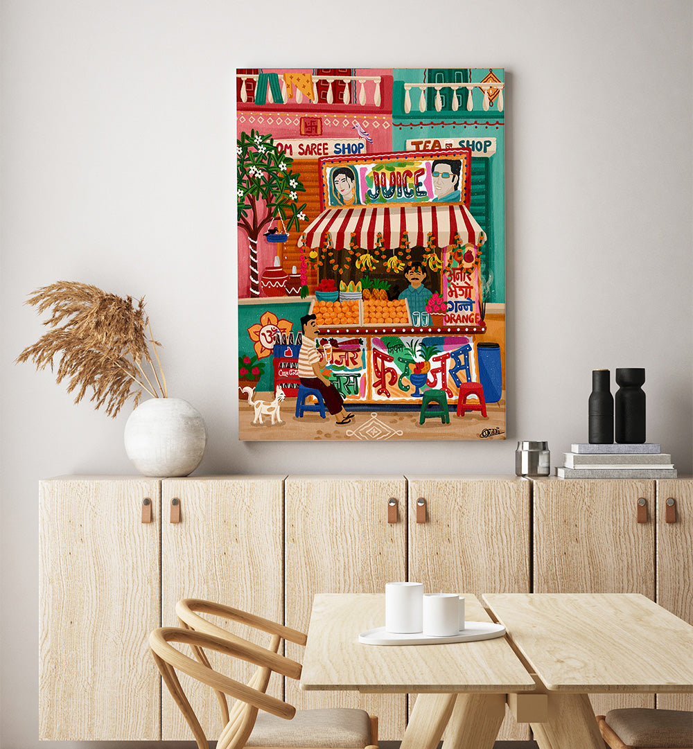 FRUIT JUICE STALL , INDIAN ART PAINTINGS