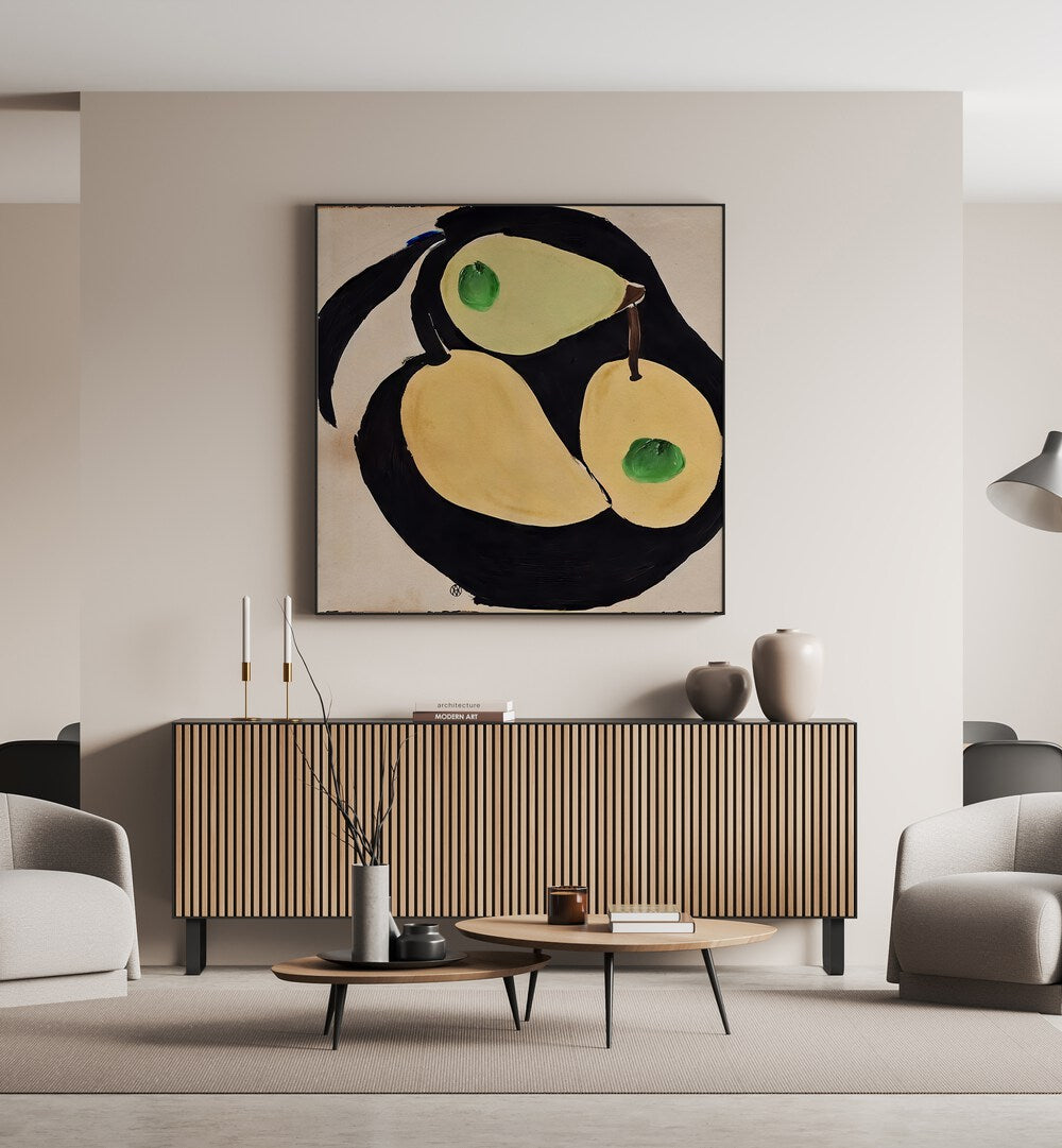Fruits Abstract Art Abstract Paintings in Black Plain Frame placed on a Cream Colored Wall above a Console Table in the Drawing Room