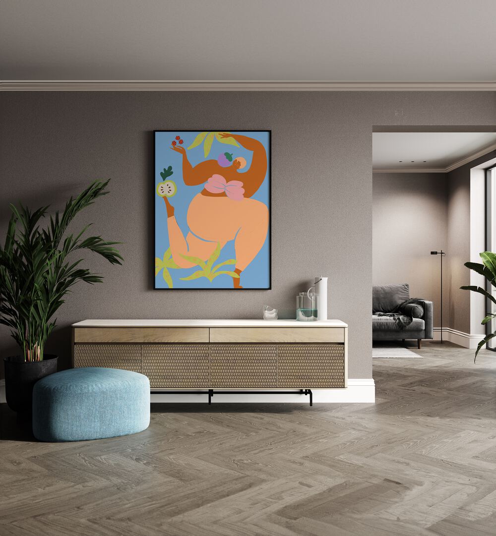 Fruity Run By Arty Guava Wall Art Prints in Black Plain Frame placed on a Beige Colored Wall above a Console Table in the Drawing Room