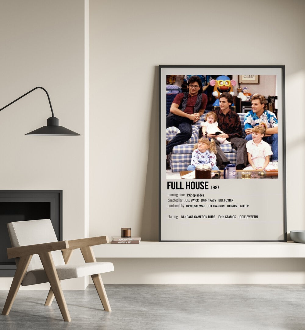 Full House 1987 Movie Posters in Black Plain Frame placed on a shelf beside a hearth