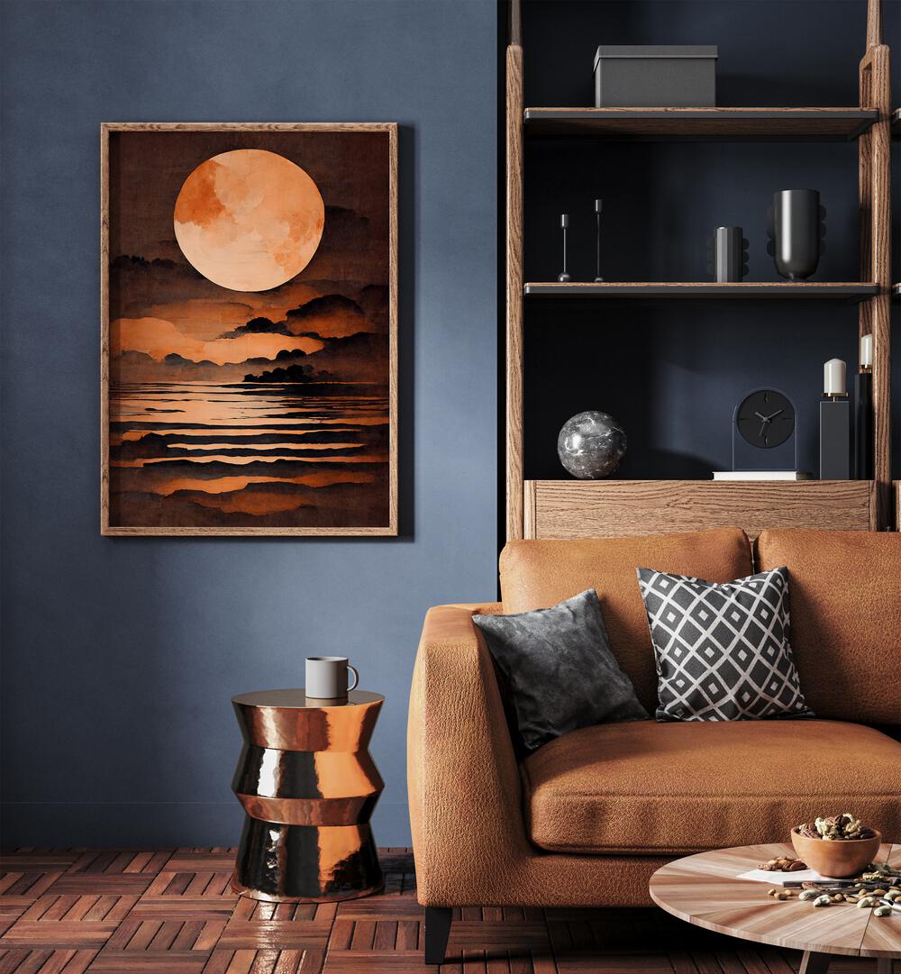 Full Moon By Treechild Landscape Paintings in Oak Wood Plain Frame placed on a Blue Colored Wall near a Brown Sofa in the Living Room