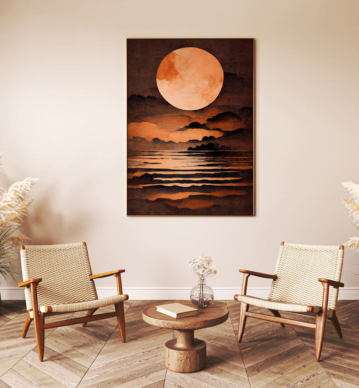 Full Moon By Treechild Landscape Paintings in Dark Wood Plain Frame placed on a Cream Colored Wall in the Drawing Room