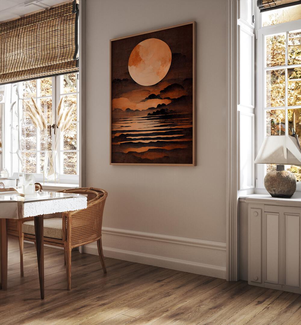 Full Moon By Treechild Landscape Paintings in Oak Wood Plain Frame placed on a Cream Colored Wall near a Dining Table in the Dining Room