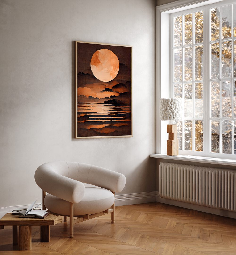 Full Moon By Treechild Landscape Paintings in Oak Wood Plain Frame placed on a Cream Colored Wall in the Drawing Room