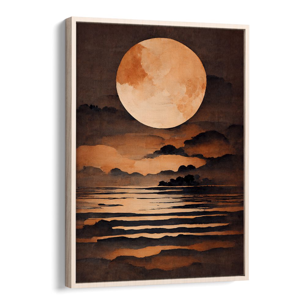 Full Moon By Treechild Landscape Paintings in Oak Wood Floater Frame