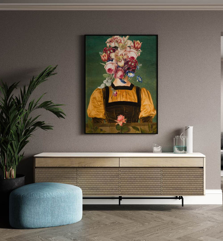 Full of Bloom by the Art Concept Altered Art Prints in Black Plain Frame placed on a wall behind a console table and beside a plant