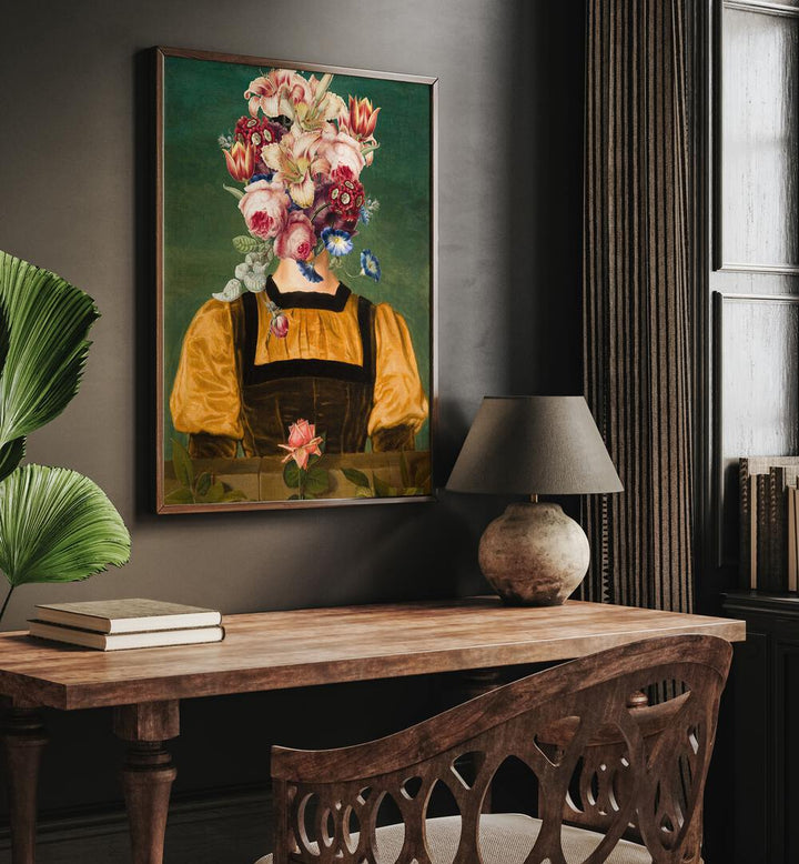 Full of Bloom by the Art Concept Altered Art Prints in Dark Wood Plain Frame on a wall placed behind a study table 