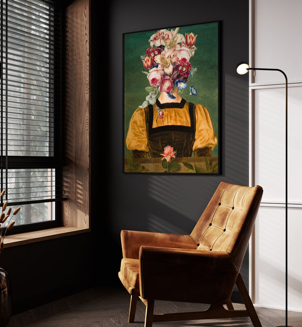 Full of Bloom by the Art Concept Altered Art Prints in Black Plain Frame placed on a wall beside an orange sofa and a window