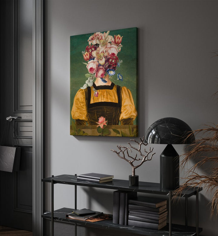 Full of Bloom by the Art Concept Altered Art Prints in Gallery Wrap placed on a wall behind a table and beside a door