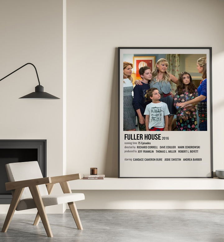 Fuller House 2016 Movie Posters in Black Plain Frame placed on a shelf beside a hearth