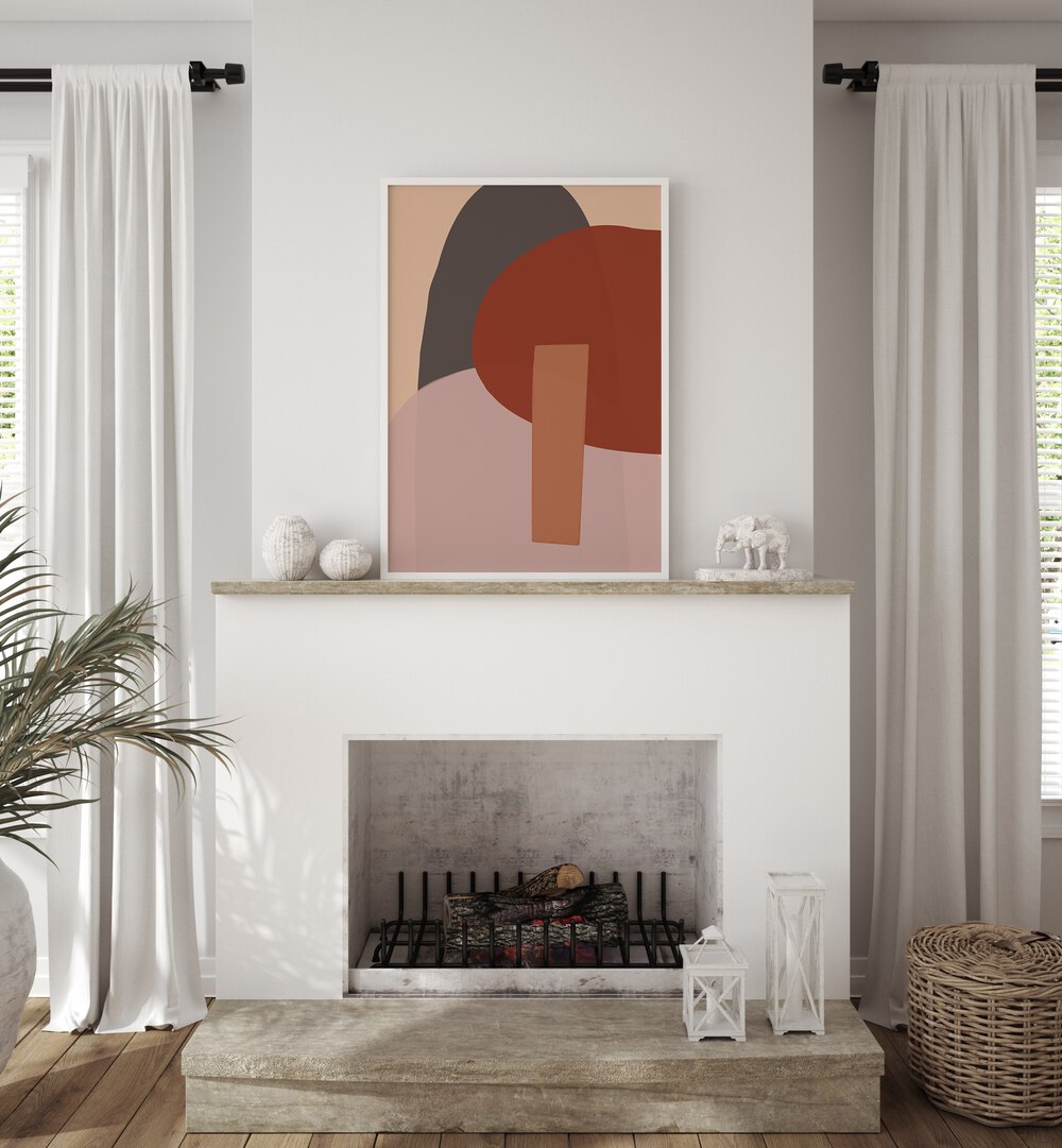 Fun by Yopie Studio Abstract Paintings Abstract Art Prints in White Plain Frame placed above  a hearth on a shelf between windows