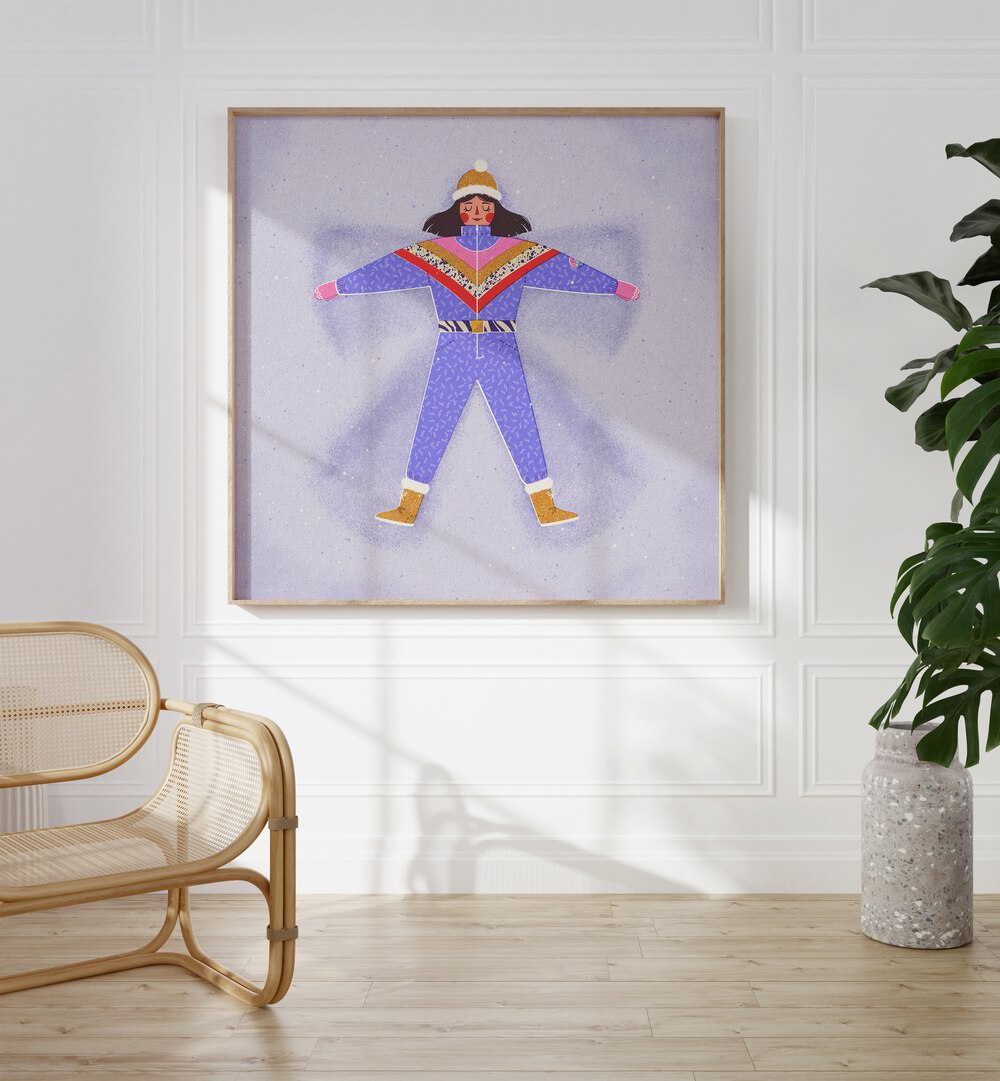 Fun in Snow By Julia Leister Women Illustration Paintings in Oak Wood Plain Frame on a white wall placed beside a plant