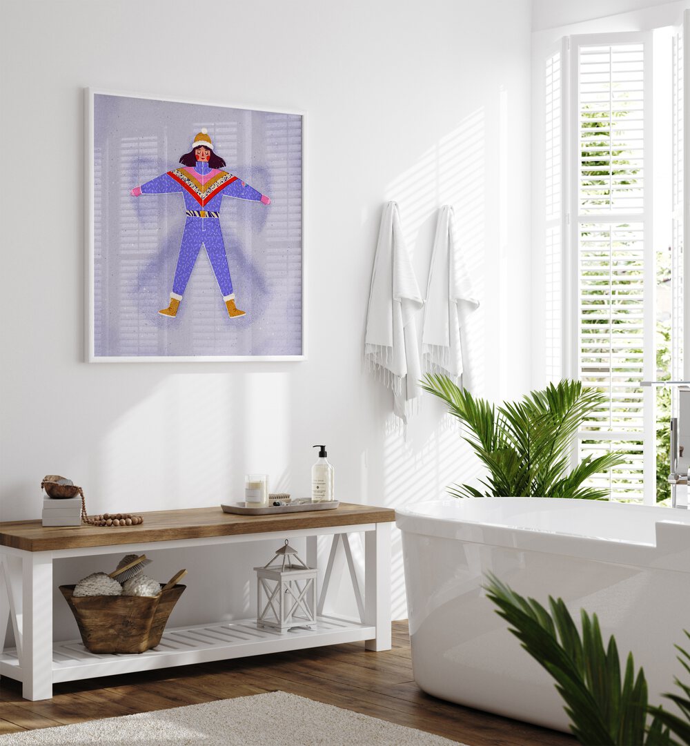 Fun in Snow By Julia Leister Women Illustration Paintings in White Plain Frame on a white wall placed in a bathroom