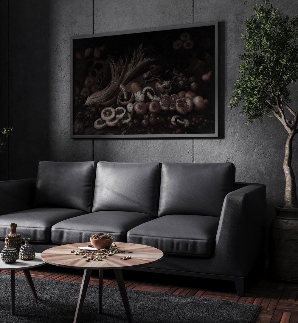 Fungal Wonders Exploring The Enchanted Forest Of Mushrooms Gothic Art Prints in Black Plain Frame hanging on a wall above black leather couch beside a plant.