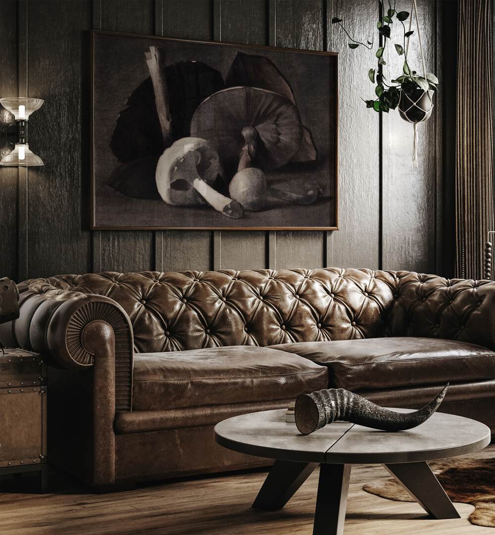 Fungi Dreams Gothic Art Prints in Oak Wood Plain Frame hanging on a wall above brown leather couch beside a window