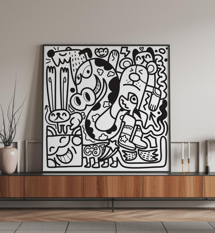 Funky Animals Doodle Art BW Doodle Art Painting in Black Plain Frame placed on black table