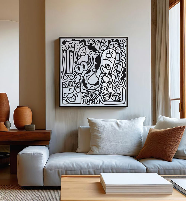 Funky Animals Doodle Art BW Doodle Art Painting in Black Plain Frame placed on a wall behind a sofa