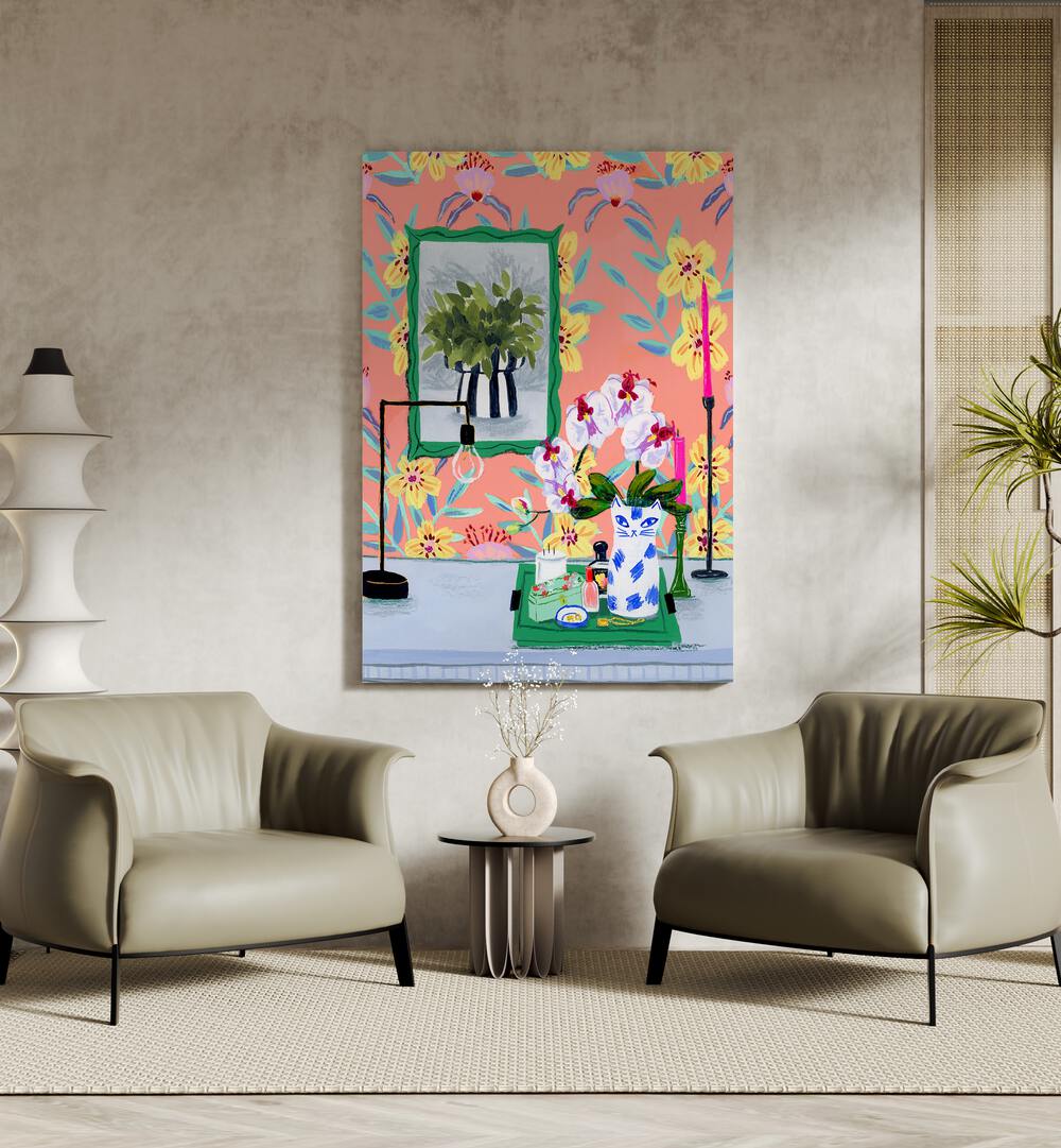 Funky Wallpaper By Sarah Gesek Kitchen Posters Kitchen Art Prints in Gallery Wrap placed on a wall behind two chairs and a table