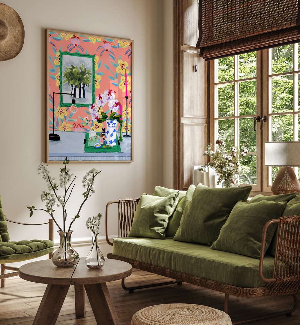 Funky Wallpaper By Sarah Gesek Kitchen Posters Kitchen Art Prints in Oak Wood Plain Frame placed on a living room wall beside a window and a sofa