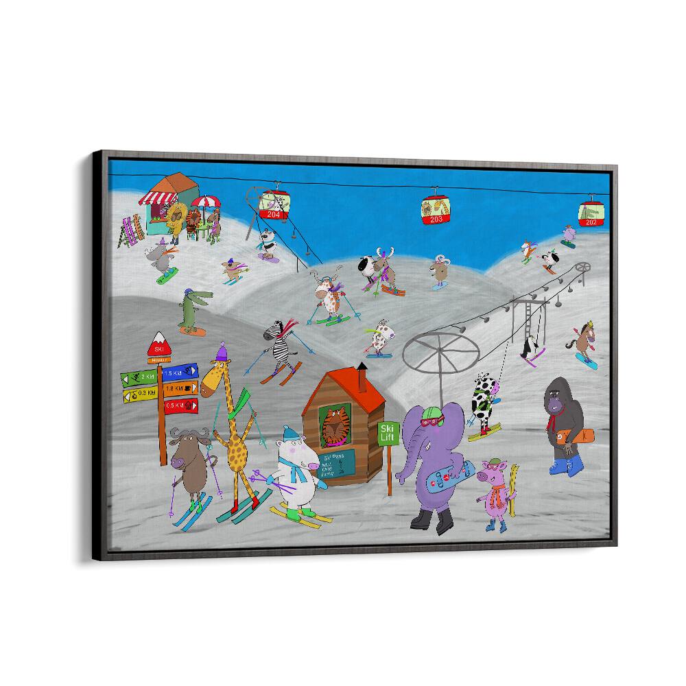 Funny Animals Enjoying The Ski Slopes By Carla Daly Kids Painting in Black Floater Frame