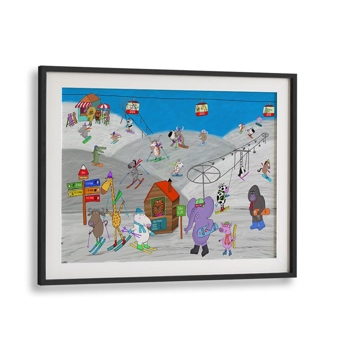 Funny Animals Enjoying The Ski Slopes By Carla Daly Kids Painting in Black Frame With Mount