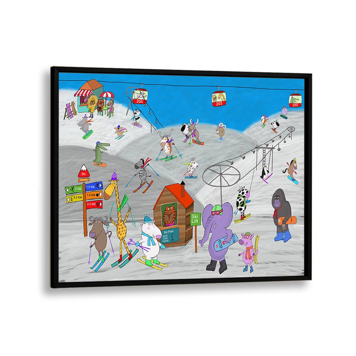 Funny Animals Enjoying The Ski Slopes By Carla Daly Kids Painting in Black Plain Frame