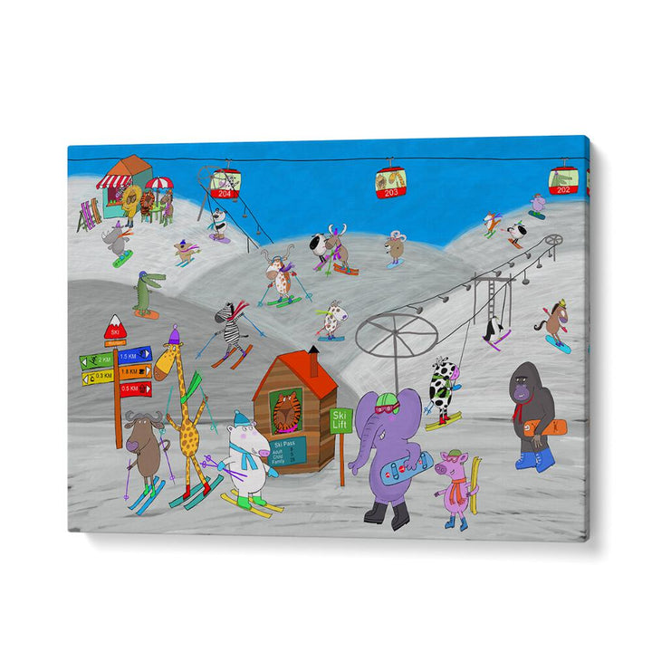 Funny Animals Enjoying The Ski Slopes By Carla Daly Kids Painting in Gallery Wrap