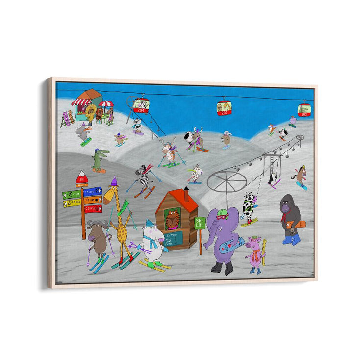 Funny Animals Enjoying The Ski Slopes By Carla Daly Kids Painting in Oak Wood Floater Frame