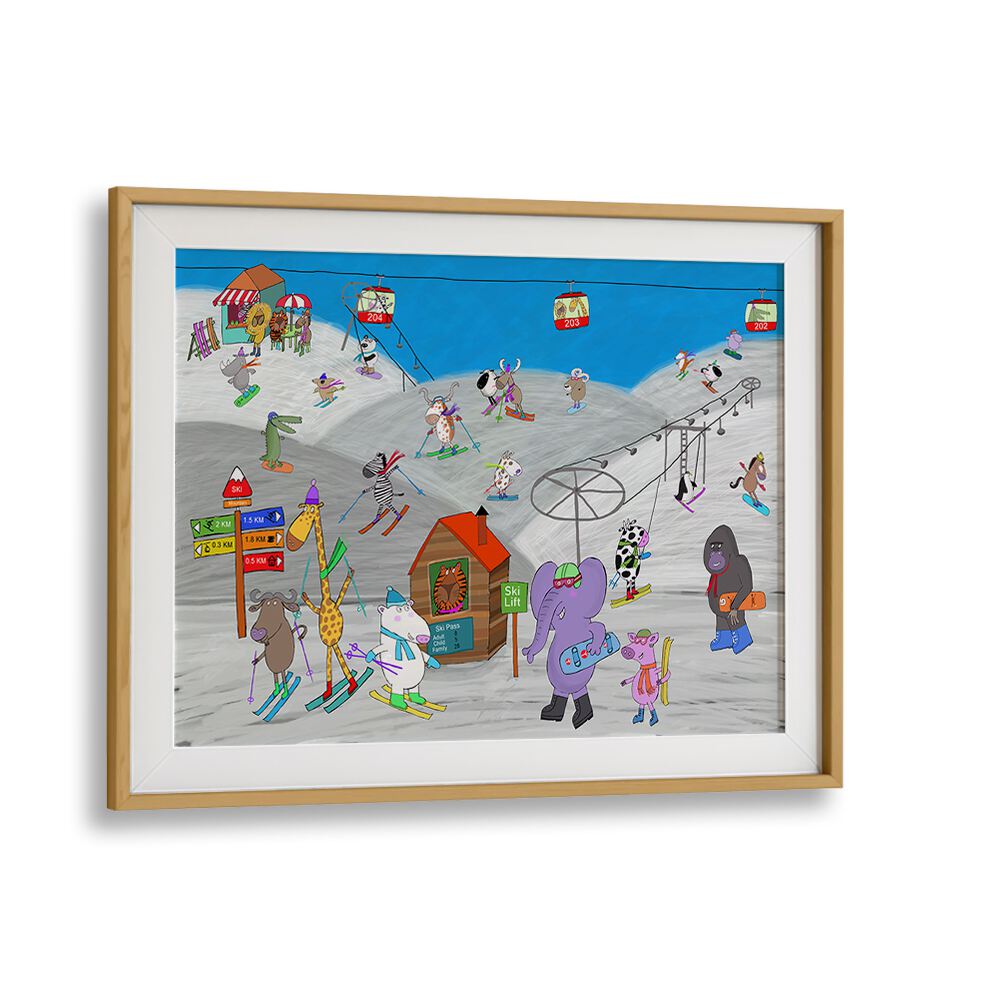 Funny Animals Enjoying The Ski Slopes By Carla Daly Kids Painting in Oak Wood Frame With Mount