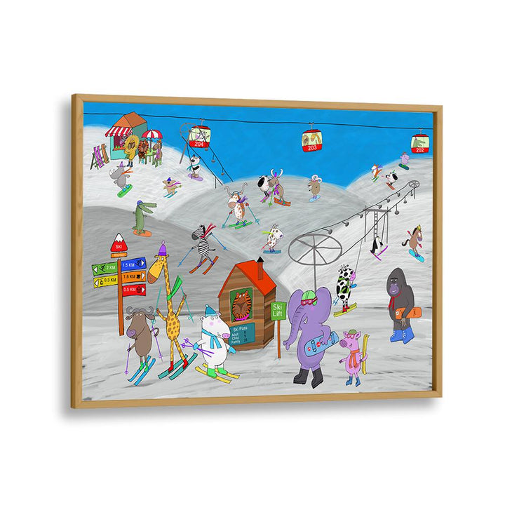 Funny Animals Enjoying The Ski Slopes By Carla Daly Kids Painting in Oak Wood Plain Frame