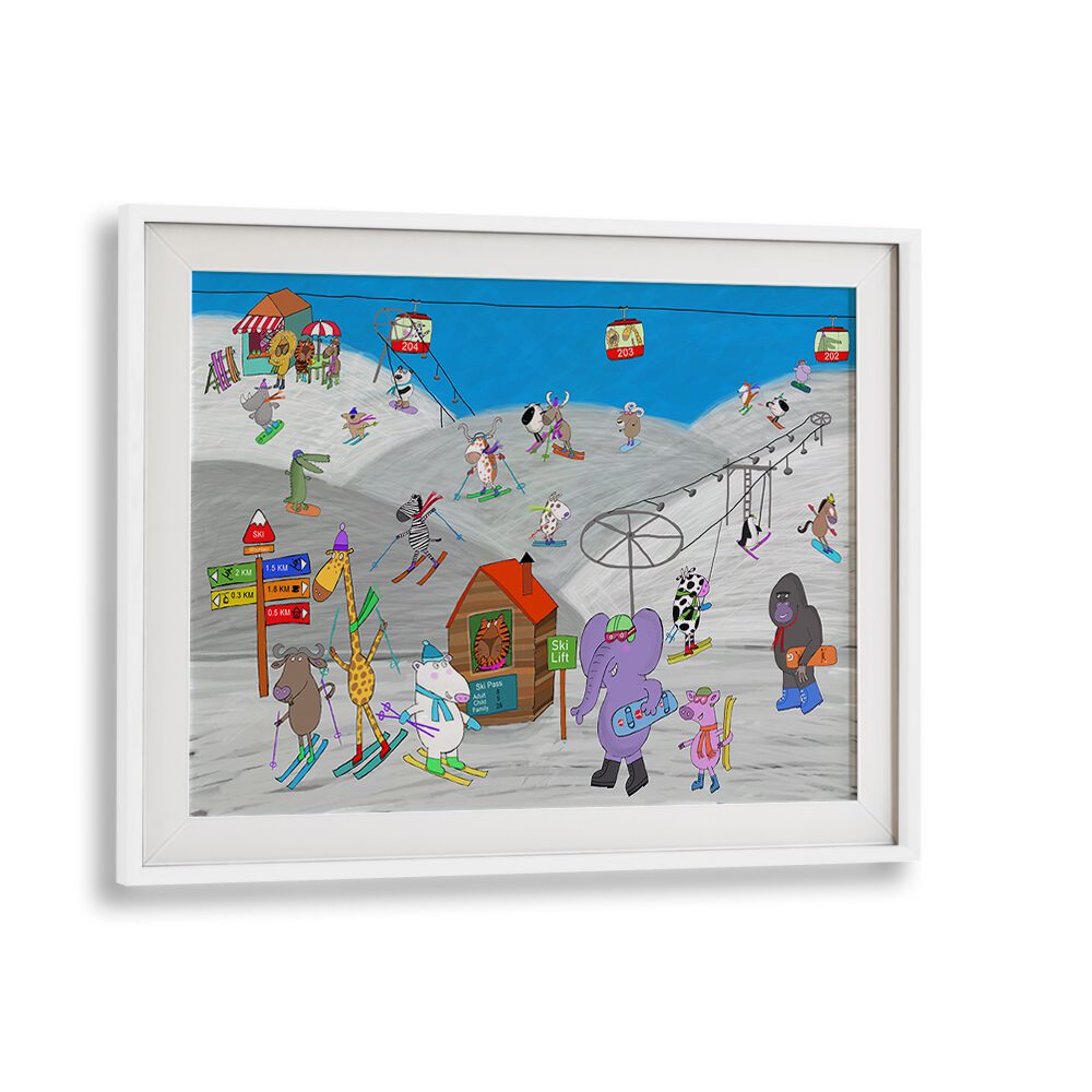 Funny Animals Enjoying The Ski Slopes By Carla Daly Kids Painting in White Frame With Mount