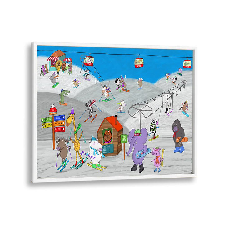 Funny Animals Enjoying The Ski Slopes By Carla Daly Kids Painting in White Plain Frame