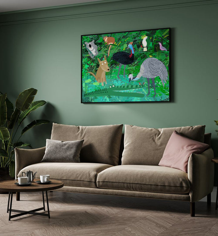 Funny Australian Animals In The Jungle By Carla Daly Kids Painting placed on a wall 