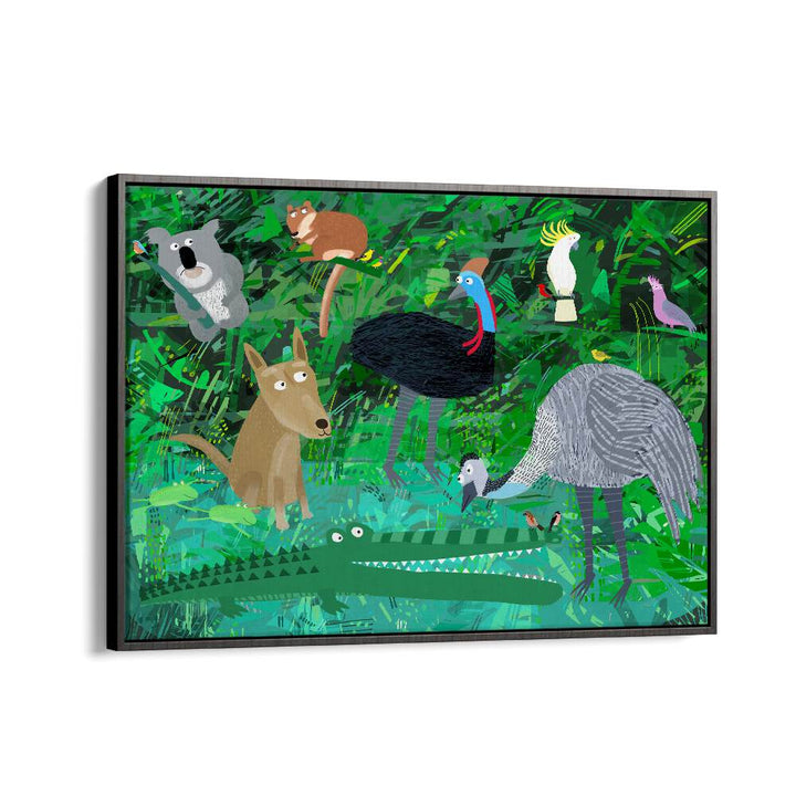 Funny Australian Animals In The Jungle By Carla Daly Kids Painting in Black Floater Frame