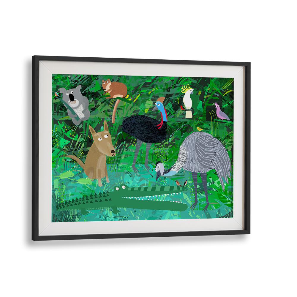 Funny Australian Animals In The Jungle By Carla Daly Kids Painting in Black Frame With Mount