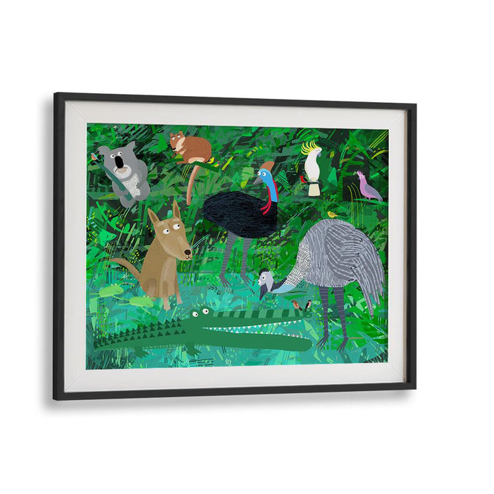 Funny Australian Animals In The Jungle By Carla Daly Kids Painting in Black Frame With Mount