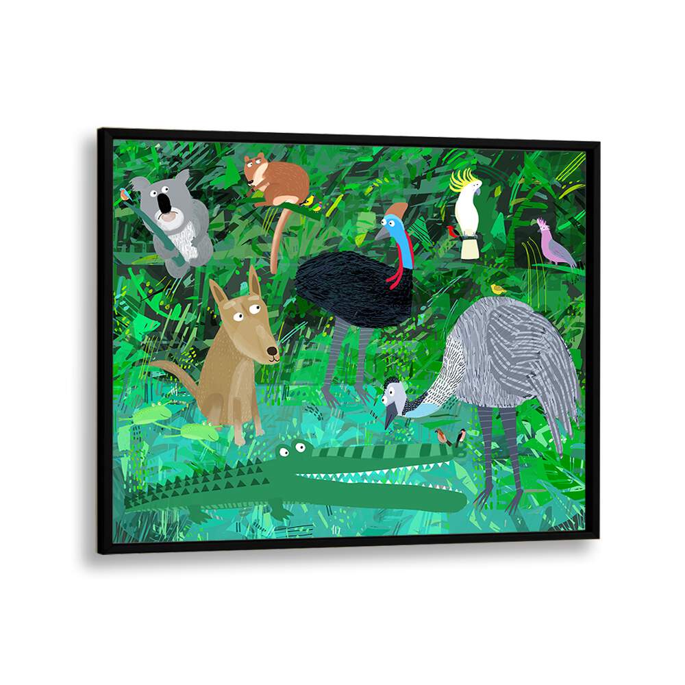 Funny Australian Animals In The Jungle By Carla Daly Kids Painting in Black Plain Frame