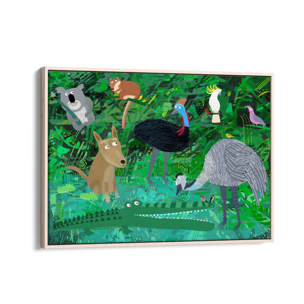 Funny Australian Animals In The Jungle By Carla Daly Kids Painting in Oak Wood Floater Frame