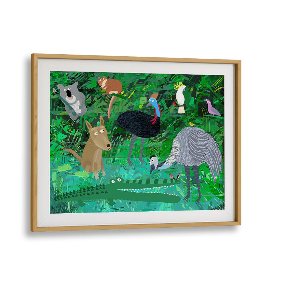 Funny Australian Animals In The Jungle By Carla Daly Kids Painting in Oak Wood Frame With Mount