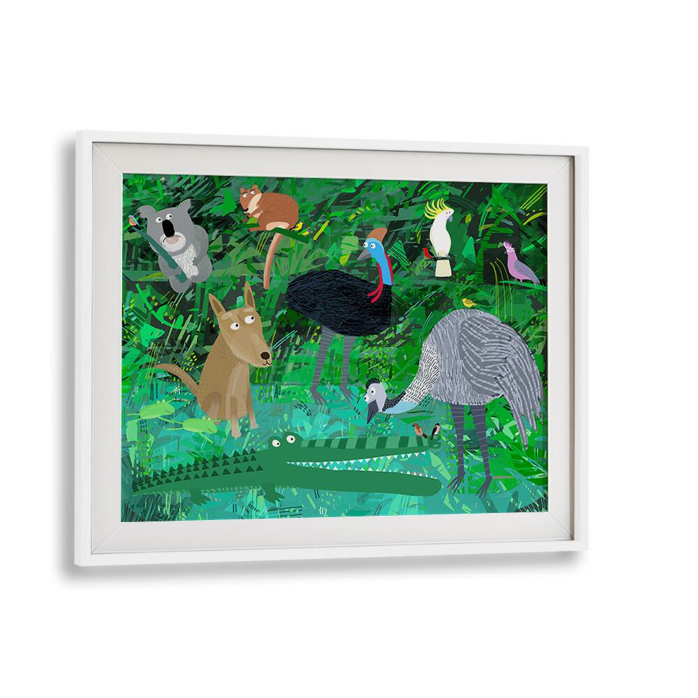 Funny Australian Animals In The Jungle By Carla Daly Kids Painting in White Frame With Mount