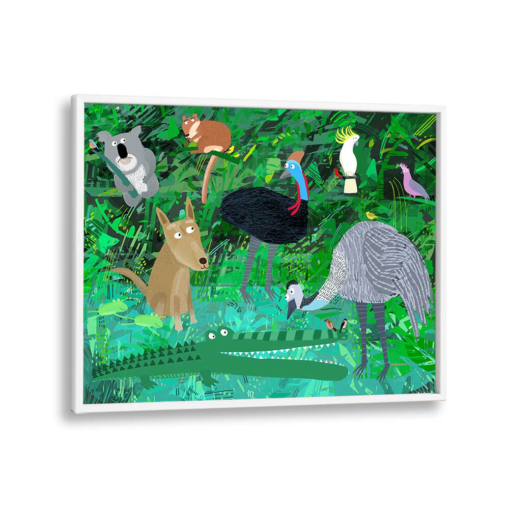 Funny Australian Animals In The Jungle By Carla Daly Kids Painting in White Plain Frame