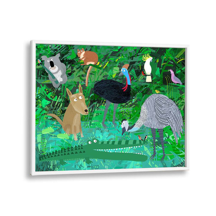 Funny Australian Animals In The Jungle By Carla Daly Kids Painting in White Plain Frame